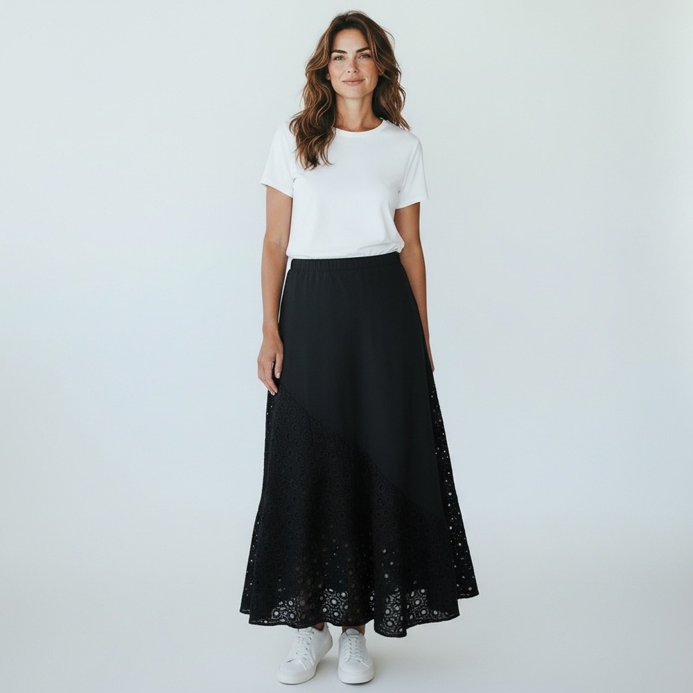 ATHENA MARIE Black‎ Linen Eyelet Lace Maxi Skirt Sz Long Skirt Minimalist
